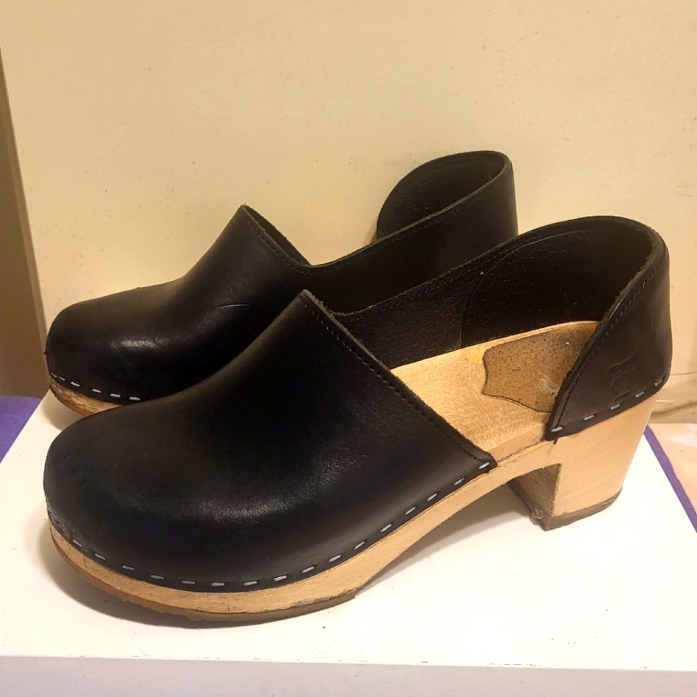 Sandgrens Sweden "Brett" Blck Leather Closed Heel Wood Sole Clogs Sz.8.5 Ret$209